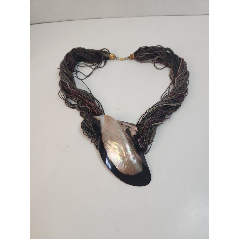 VTG Fischer 1990 Large Black Lip Shell Statement Necklace Woven Fiber Cords